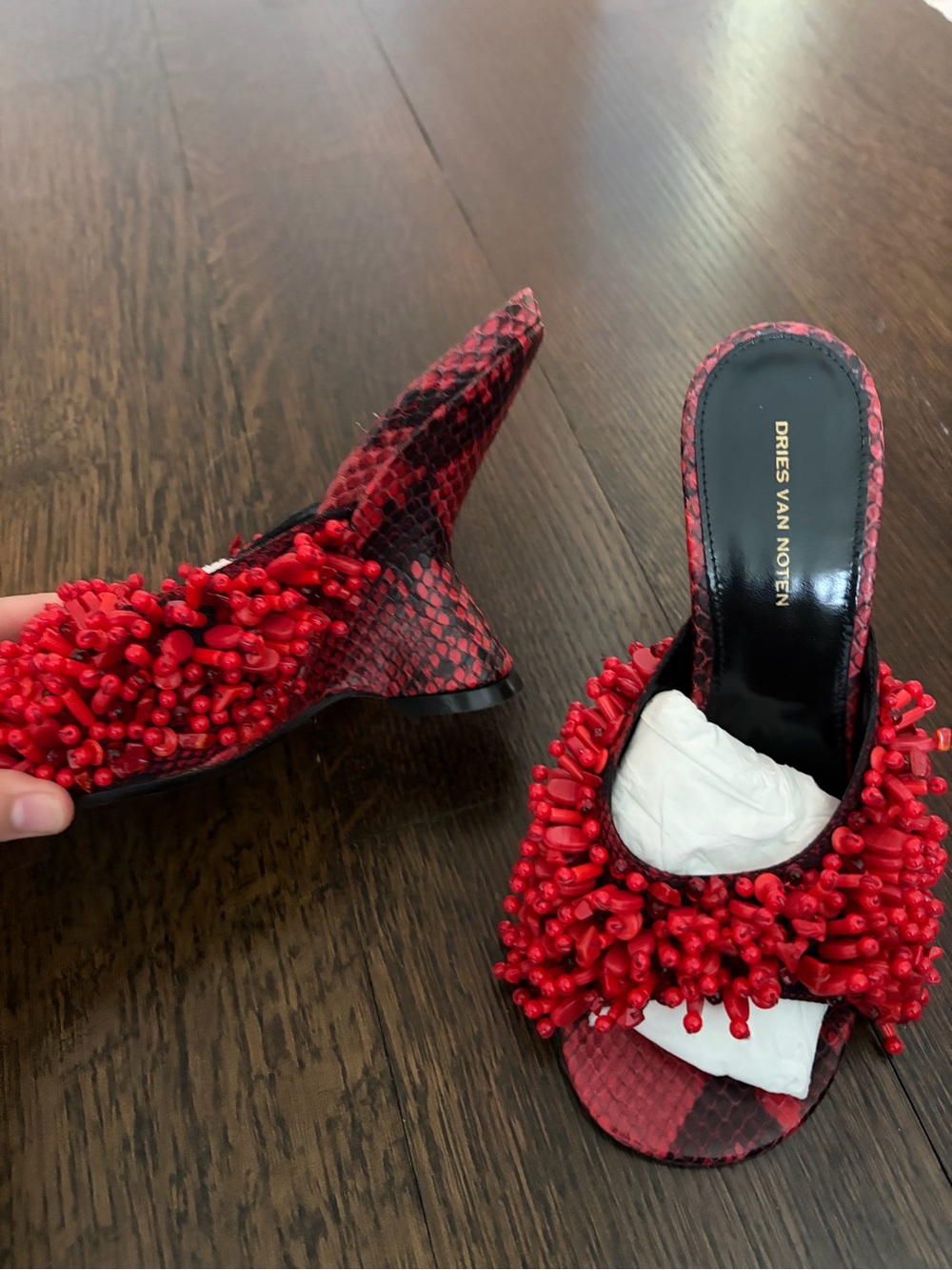 Dries Van Noten Red Beaded Slide Mules with Snake-Print Footbed - Picture 2 of 7
